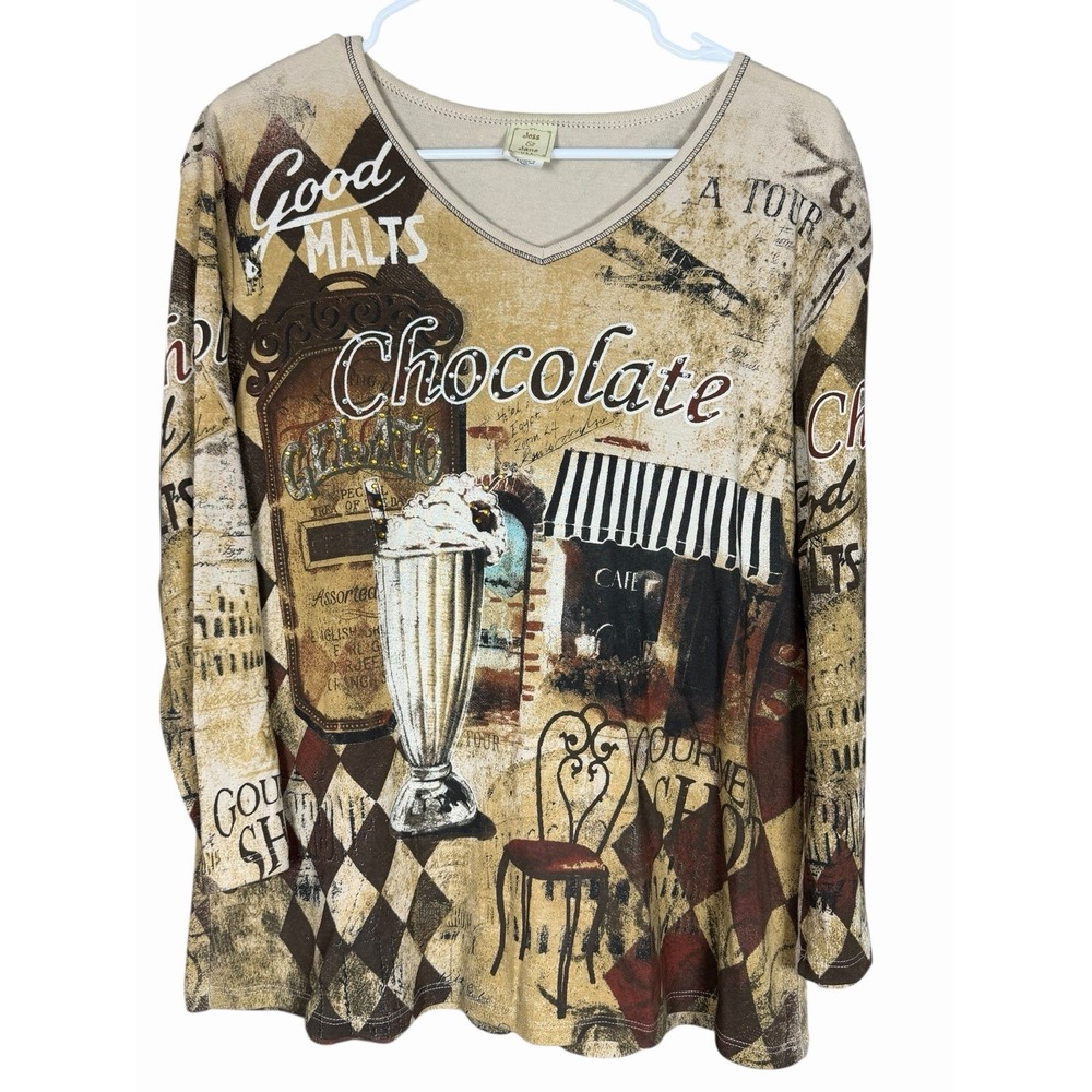 Jess & Jane Gelato Chocolate Café Graphic Top L Made in USA‎ 100% Cotton Shirt